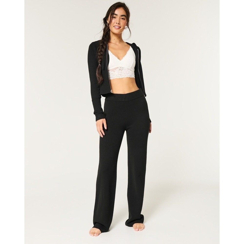 Gilly Hicks Lounge Set Womens XL Black Knit Zip Hoodie Wide Leg Pants 2pc Co-ord